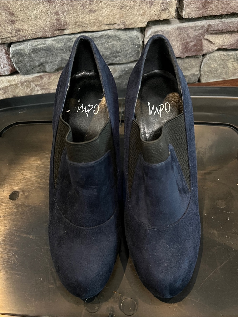 Navy and black heeled booties